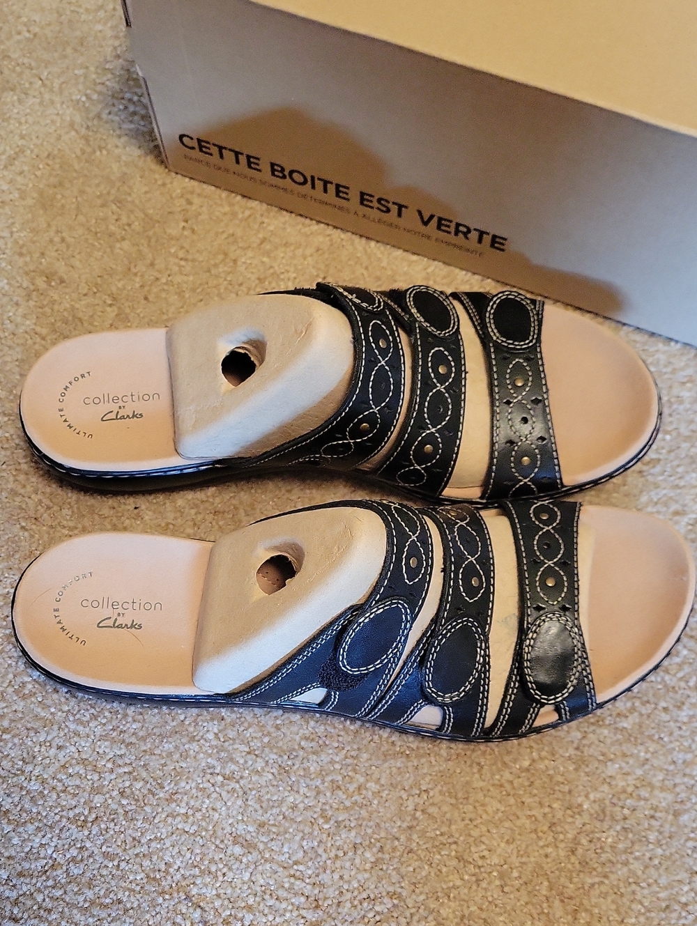 Clarks Leisa Cacti Q Slide. Black Leather Sandals. Size 11N.